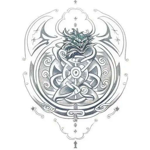 A traditional style tattoo of a Star Wars inspired dragon intertwined with Nordic knotwork, symbolizing strength and protection tattoo design idea