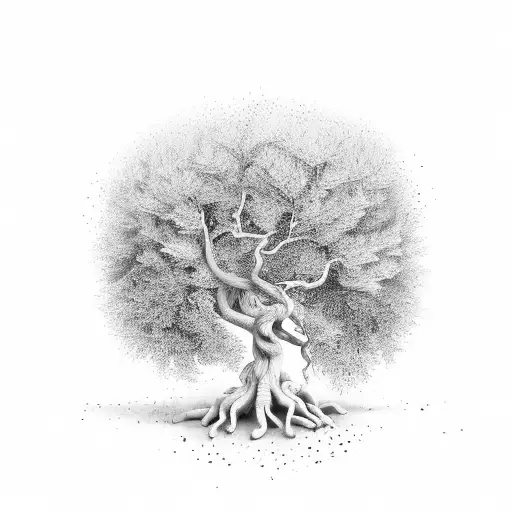 A majestic olive tree with justice scales hanging from its branches tattoo design idea