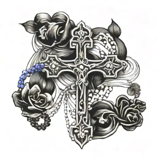 cross with rosary wrapped round tattoo design idea