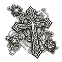 cross with rosary wrapped round tattoo design idea
