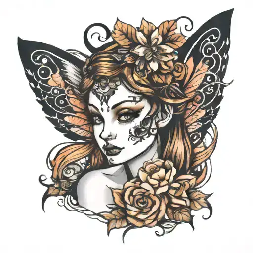 fox face fairy wings tattoo design idea