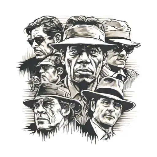 A realistic mural featuring movies American Gangster, No country for old men, the wolf of wallstreet, and eyes wide shut tattoo design idea