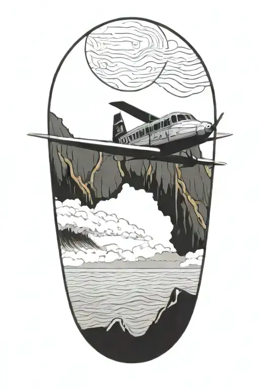 A small black and grey delta plane flyng over Hawaii in color tattoo design idea