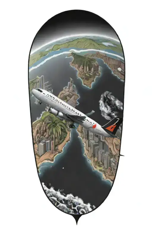 A small black and grey delta plane flyng over Hawaii in color tattoo design idea
