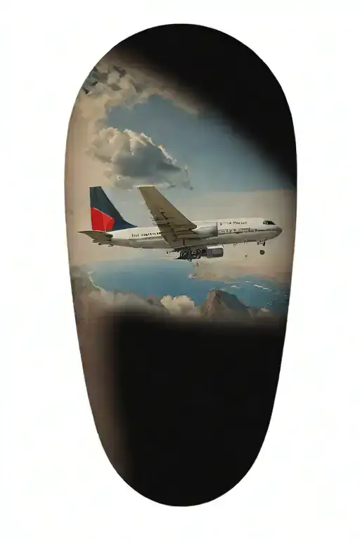 A small black and grey delta plane flyng over Hawaii in color tattoo design idea