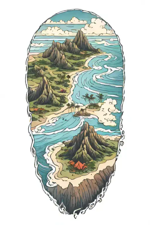  color  Hawaii aerial view with no border tattoo design idea