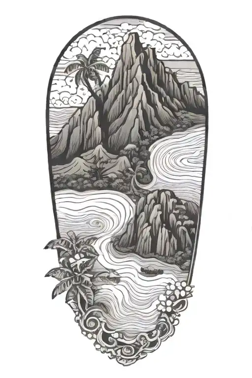  color  Hawaii aerial view with no border tattoo design idea