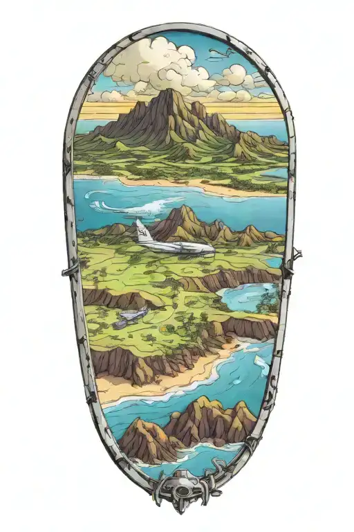 Looking out of an airplane window and seeing Hawaii in color tattoo design idea