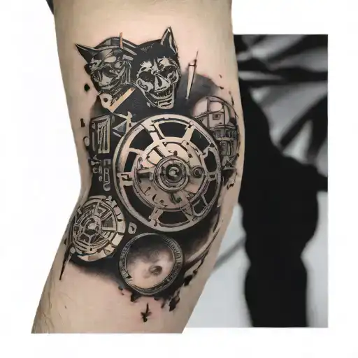 A dotwork tattoo of a film reel with scenes from the client's favorite movies 'Wolf of Wallstreet', 'American Gangster', 'Memento', and 'The Joker' intertwined tattoo design idea