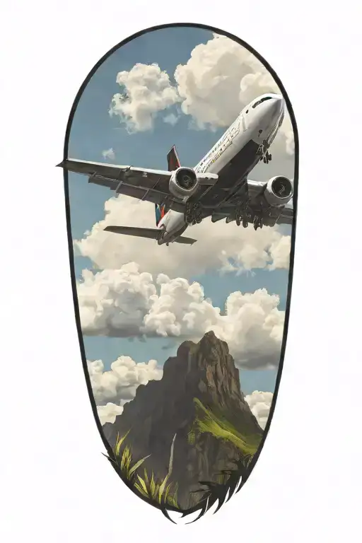 A small black and grey delta plane flyng over Hawaii in color tattoo design idea