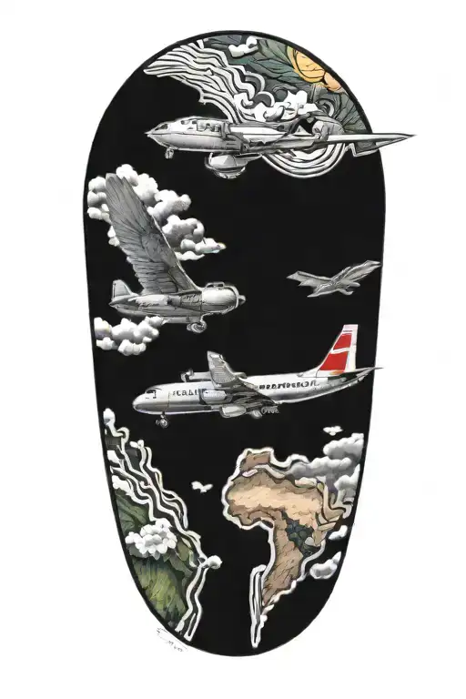A small black and grey delta plane flyng over Hawaii in color tattoo design idea