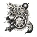 A dotwork tattoo of a film reel with scenes from the client's favorite movies 'Wolf of Wallstreet', 'American Gangster', 'Memento', and 'The Joker' intertwined tattoo design idea