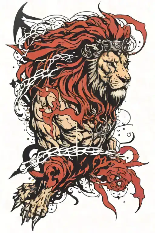 Zeus is holding a lightning bolt with a black cloud on it and a lion next to it.  tattoo design idea