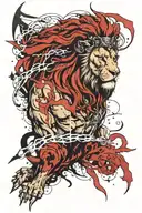 Zeus is holding a lightning bolt with a black cloud on it and a lion next to it.  tattoo design idea