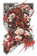 Zeus is holding a lightning bolt with a black cloud on it and a lion next to it.  tattoo design idea
