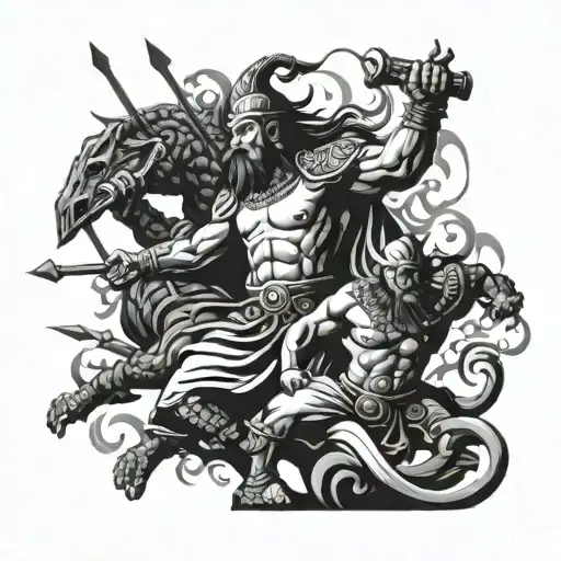 ancient Turkic gods battling tattoo design idea