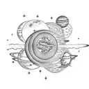 Solar system with simple design, A sun and night planets and earth having a moon, with few stars within it  tattoo design idea