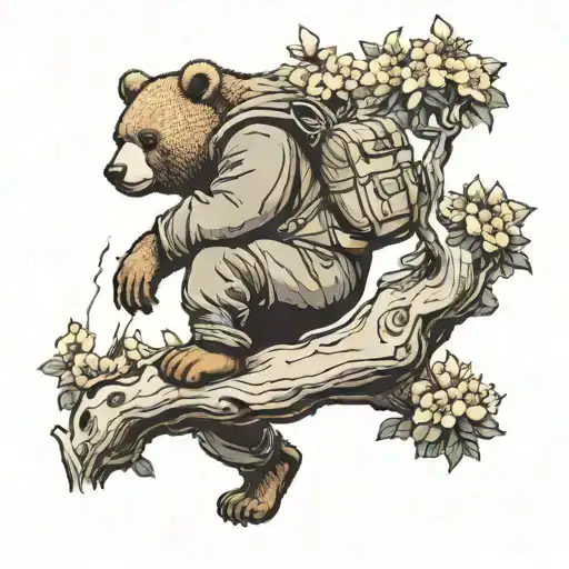 Kanye graduation bear climbing a mountain with a backpack in and on top of the mountain is a Jasmin flower tree tattoo design idea