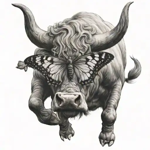 a scary bull with a butterfly on its horn tattoo design idea