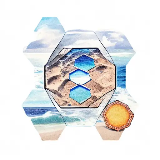 hexagon With beach, sea, palm and kayak in colour tattoo design idea