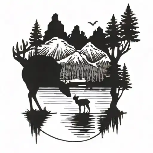 A blackwork tattoo of a serene mountain lake reflecting the surrounding peaks and trees, with a family of deer drinking from the water tattoo design idea