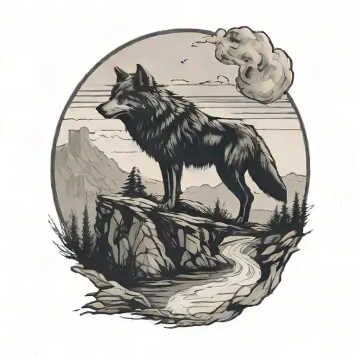 A black-grey tattoo of a lone wolf standing proudly on a cliff overlooking a vast national park landscape with a river winding through it tattoo design idea