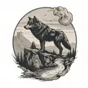 A black-grey tattoo of a lone wolf standing proudly on a cliff overlooking a vast national park landscape with a river winding through it tattoo design idea
