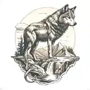 A black-grey tattoo of a lone wolf standing proudly on a cliff overlooking a vast national park landscape with a river winding through it tattoo design idea