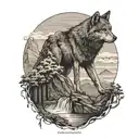 A black-grey tattoo of a lone wolf standing proudly on a cliff overlooking a vast national park landscape with a river winding through it tattoo design idea
