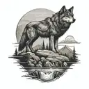 A black-grey tattoo of a lone wolf standing proudly on a cliff overlooking a vast national park landscape with a river winding through it tattoo design idea