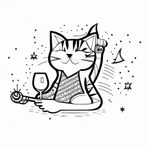 cat drinking wine tattoo design idea