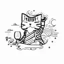 cat drinking wine tattoo design idea