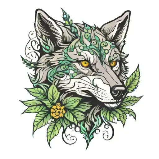 wolf with weed plant growing tattoo design idea