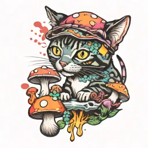 colorful trippy cat eating mushroom tattoo design idea