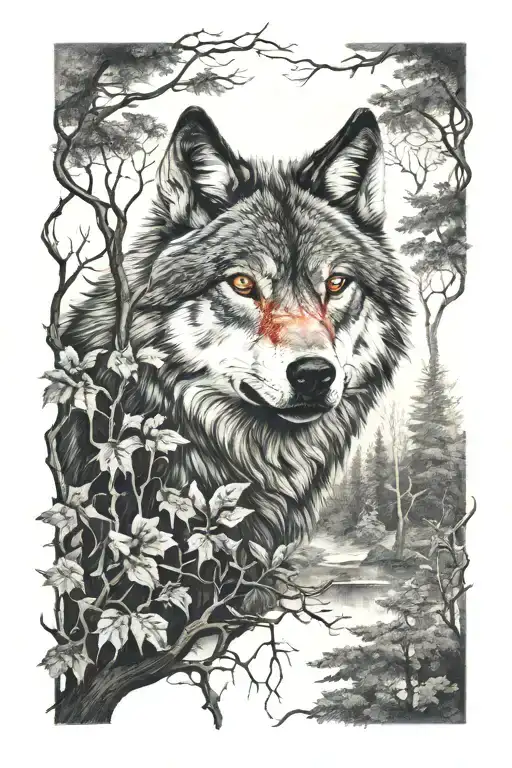 wolf with the red eyes in the forest scene tattoo design idea