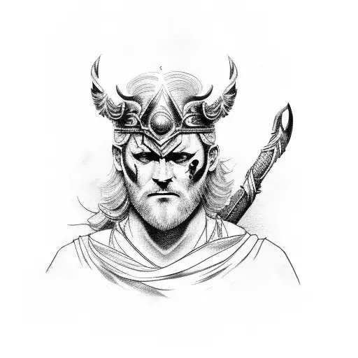 Odin with eye pad and scarred face with serious look tattoo design idea