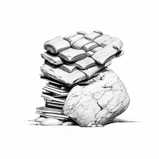a rock consisting of a stone and books and a climber climbs on them tattoo design idea