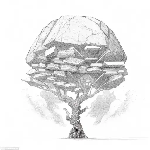 a rock consisting of stone and books, a hand in the shape of a tree climbs on it, on the branches of a fantasy world tre tattoo design idea