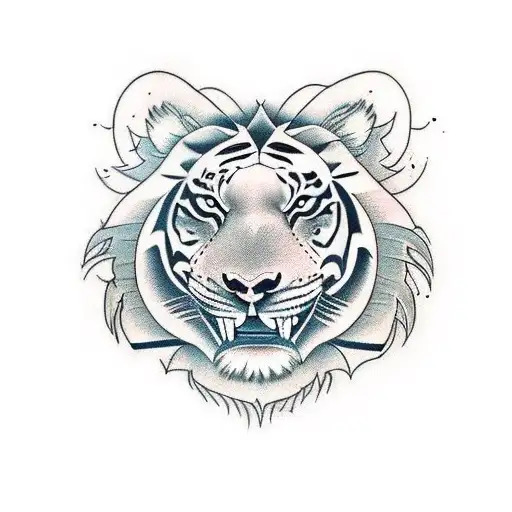totem of tiger, lion, twin oxes, twin cats, fish tattoo design idea