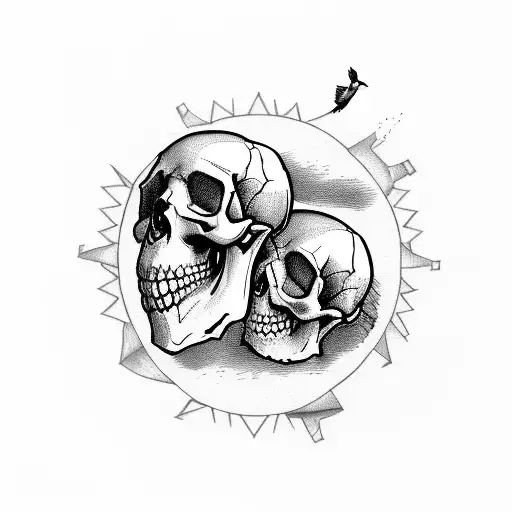 2 skulls with 2 clocks in front of them, a dove flying in front of one, the words sic parvis magna, a Ace card and a Kin tattoo design idea