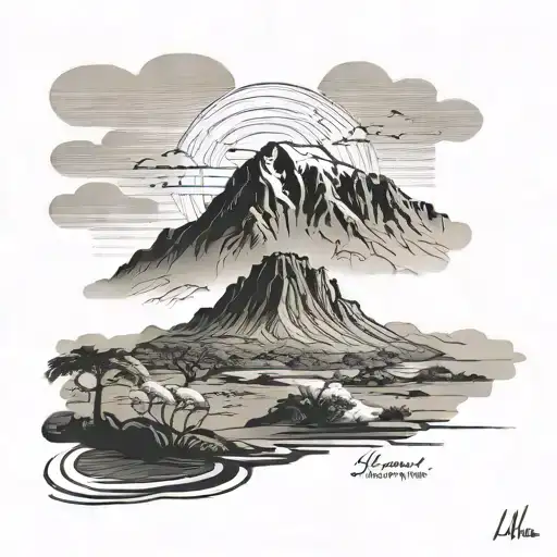 A minimalist design of Mt. Kilimanjaro with a subtle Buddha silhouette, blending nature and spirituality tattoo design idea