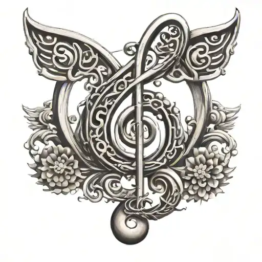 A music note made of Buddhist symbols tattoo design idea