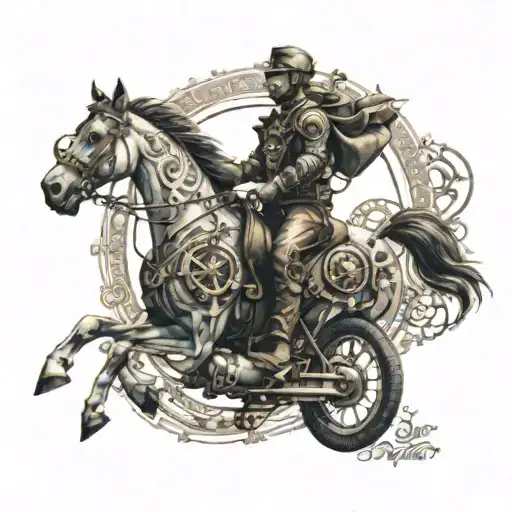 A steampunk-inspired tattoo of a horse riding a motorcycle through a fractal landscape tattoo design idea