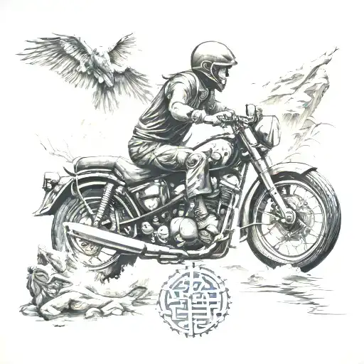 A motorcycle rider exploring exotic landscapes with Buddhist symbols incorporated in black-grey shading tattoo design idea
