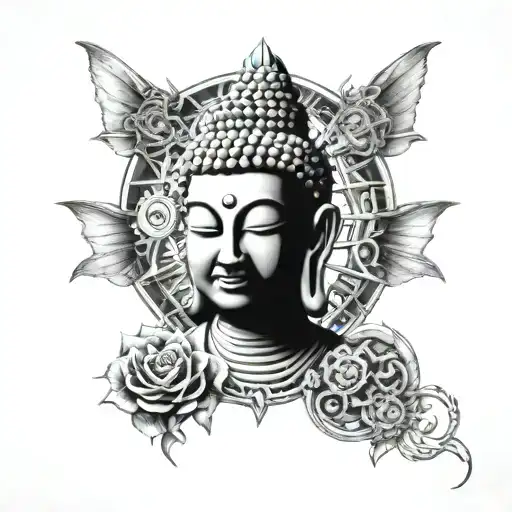 A tattoo design featuring a steampunk-inspired Buddha with intricate dragon motifs, representing the client's fascination with steampunk and Eastern symbolism tattoo design idea