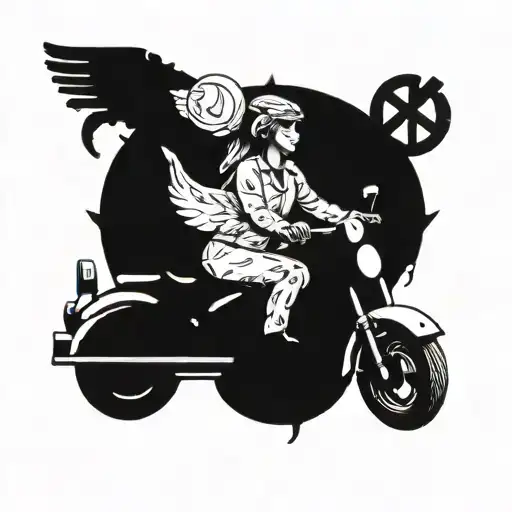 A tattoo design showcasing a traveling nurse on a motorcycle, surrounded by symbols of philanthropy and compassion, symbolizing the client's occupation and values tattoo design idea