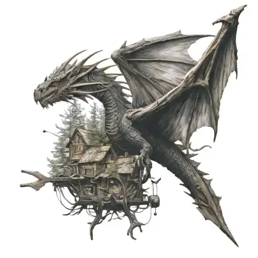A dragon flying over a forest of woodworking tools tattoo design idea