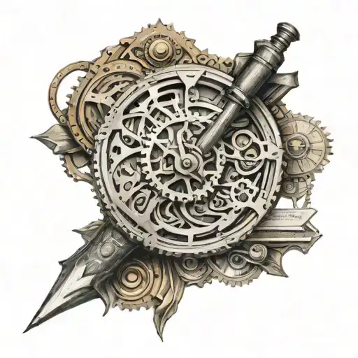 A intricate steampunk-inspired woodworking tool surrounded by poetry verses in dotwork style tattoo design idea