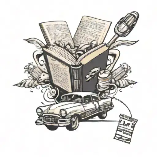 A tattoo design of a book with a fast car speeding through the pages, surrounded by candy and opossums tattoo design idea