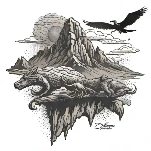 A tattoo design combining the majestic Mount Kilimanjaro with dragon scales for a unique and powerful look tattoo design idea